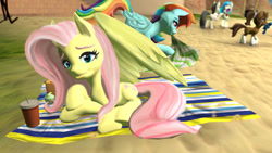 Size: 1280x720 | Tagged: safe, artist:zsnowfilez, derpibooru import, dj pon-3, fluttershy, octavia melody, rainbow dash, vinyl scratch, oc, earth pony, pegasus, pony, 3d, beach, prone