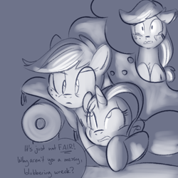 Size: 700x700 | Tagged: safe, artist:goat train, applejack, rarity, earth pony, pony, unicorn, crying, crying inside, dialogue, female, lesbian, monochrome, rarijack, shipping, sofa