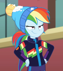 Size: 956x1080 | Tagged: safe, derpibooru import, screencap, rainbow dash, better together, equestria girls, holidays unwrapped, blizzard or bust, canterlot high, clothes, cropped, faic, female, hand on hip, jacket, outdoors, smiling, smirk, smug, smugdash, solo, toque, winter jacket, winter outfit