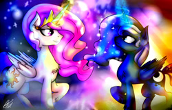 Size: 4790x3089 | Tagged: safe, artist:ebonyinkstone, princess celestia, princess luna, alicorn, pony, absurd resolution, chest fluff, female, magic, mare, pink-mane celestia, raised hoof, royal sisters