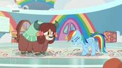 Size: 1280x720 | Tagged: safe, derpibooru import, screencap, rainbow dash, yona, pegasus, pony, yak, she's all yak, bow, cloven hooves, dance lesson, dancing, female, hair bow, mare, monkey swings