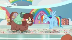 Size: 1280x720 | Tagged: safe, derpibooru import, screencap, rainbow dash, yona, pegasus, pony, yak, she's all yak, bow, cloven hooves, dance lesson, dancing, female, hair bow, mare, monkey swings