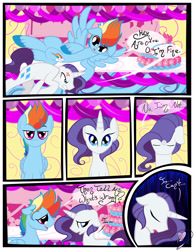 Size: 3500x4500 | Tagged: safe, artist:becauseimpink, derpibooru import, elusive, rainbow blitz, rainbow dash, rarity, pegasus, pony, unicorn, comic:transition, comic, cross-popping veins, dialogue, eyes closed, floppy ears, flying, grin, male, rule 63, sad, smiling, stallion, transgender, unshorn fetlocks