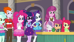 Size: 1280x720 | Tagged: safe, derpibooru import, screencap, apple bloom, cheerilee, heath burns, lyra heartstrings, pinkie pie, rarity, sci-twi, scootaloo, sweetie belle, twilight sparkle, better together, equestria girls, school of rock, background human, clothes, cutie mark crusaders, female, geode of shielding, geode of sugar bombs, geode of telekinesis, male, pantyhose