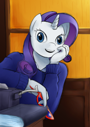 Size: 877x1240 | Tagged: safe, artist:alixnight, rarity, anthro, unicorn, rarity investigates, clothes, cosplay, costume, crossover, glasses, jessica fletcher, murder she wrote, solo, typewriter