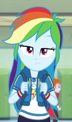 Size: 642x1080 | Tagged: safe, derpibooru import, screencap, heath burns, rainbow dash, better together, equestria girls, run to break free, beautiful, cropped, cute, dashabetes, female, geode of super speed, looking at you, magical geodes, rainbow dash is not amused, sad, sadorable, solo focus, unamused