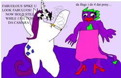 Size: 2035x1317 | Tagged: safe, artist:jacobfoolson, rarity, spike, dragon, pony, unicorn, 1000 hours in ms paint, cigarette, clothes, crossdressing, dress, high heels, lipstick, shoes, smoking