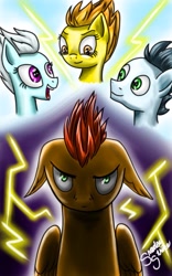 Size: 637x1022 | Tagged: safe, artist:shadow strike, derpibooru import, fleetfoot, soarin', spitfire, oc, oc:rapidfire, pony, fanfic:piercing the heavens, angry, blue sky, dark, glare, lightning, rapidfire, revenge, shadowbolt colors, wonderbolts