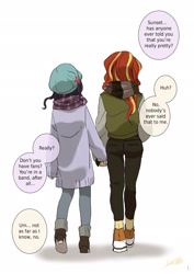 Size: 1450x2048 | Tagged: safe, artist:ku_rimo, sci-twi, sunset shimmer, twilight sparkle, human, better together, equestria girls, clothes, comic, female, holding hands, japanese, lesbian, scarf, scitwishimmer, shipping, sunsetsparkle, translation, translator:stellarator, winter coat, winter hat, winter outfit