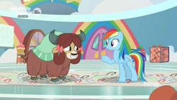 Size: 1280x720 | Tagged: safe, derpibooru import, screencap, rainbow dash, yona, pegasus, pony, yak, she's all yak, bow, cloven hooves, dance lesson, dancing, female, hair bow, mare, monkey swings