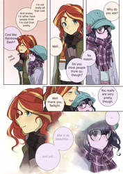 Size: 1450x2048 | Tagged: safe, artist:ku_rimo, sci-twi, sunset shimmer, twilight sparkle, human, better together, equestria girls, blushing, clothes, comic, cute, female, glasses, japanese, lesbian, scarf, scitwishimmer, shimmerbetes, shipping, sunsetsparkle, translation, translator:stellarator, twiabetes, winter coat, winter hat, winter outfit