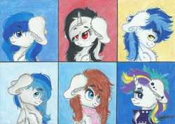 Size: 2320x1647 | Tagged: safe, artist:kindny-chan, rarity, oc, oc:antilia, oc:bri, oc:dedelner, oc:onex, oc:princess spektra, alicorn, pegasus, pony, unicorn, it isn't the mane thing about you, alternate hairstyle, bust, clothes, female, male, mare, portrait, punk, raripunk, scarf, stallion, tongue out, traditional art