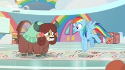 Size: 1280x720 | Tagged: safe, derpibooru import, screencap, rainbow dash, yona, pegasus, pony, yak, she's all yak, bow, cloven hooves, dance lesson, dancing, female, hair bow, mare, monkey swings