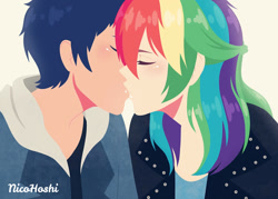 Size: 1024x735 | Tagged: safe, artist:nicohoshi, derpibooru import, rainbow dash, soarin', human, female, humanized, kissing, male, shipping, soarindash, straight