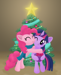 Size: 809x997 | Tagged: safe, artist:metax-z, derpibooru import, pinkie pie, twilight sparkle, earth pony, pony, balloon, christmas, christmas tree, clothes, female, hearth's warming, hug, lesbian, scarf, shipping, tree, twinkie