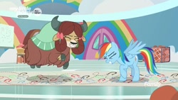 Size: 1280x720 | Tagged: safe, derpibooru import, screencap, rainbow dash, yona, pegasus, pony, yak, she's all yak, bow, cloven hooves, dance lesson, dancing, female, hair bow, jumping, mare, monkey swings