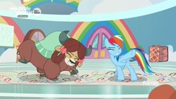 Size: 1280x720 | Tagged: safe, derpibooru import, screencap, rainbow dash, yona, pegasus, pony, yak, she's all yak, bow, cloven hooves, dance lesson, dancing, female, hair bow, mare, monkey swings