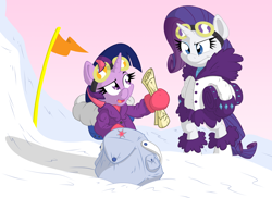 Size: 1920x1400 | Tagged: safe, artist:dfectivedvice, artist:xhazxmatx, derpibooru import, rarity, twilight sparkle, pony, unicorn, backpack, bipedal, clothes, colored, flag, goggles, map, mountain climbing, snow, winter outfit