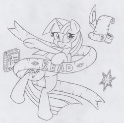 Size: 663x659 | Tagged: safe, artist:dfectivedvice, derpibooru import, twilight sparkle, grayscale, monochrome, old banner, one word, sketch, solo, traditional art