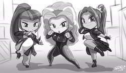 Size: 1920x1117 | Tagged: safe, artist:shonuff44, derpibooru import, adagio dazzle, aria blaze, sonata dusk, equestria girls, ariabetes, blushing, bodysuit, boots, chibi, clothes, cute, fishnet stockings, gloves, grayscale, juri han, long gloves, monochrome, pants, pantyhose, pigtails, plaid, plaid skirt, ponytail, shoes, skirt, skirt lift, street fighter, the dazzlings, twintails