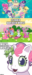 Size: 500x1161 | Tagged: safe, derpibooru import, edit, edited screencap, screencap, applejack, cheerilee (g3), fluttershy, gummy, pinkie pie, pinkie pie (g3), rainbow dash, rarity, spike, sweetie belle (g3), toola roola, twilight sparkle, twilight sparkle (alicorn), alicorn, dragon, earth pony, pegasus, pony, unicorn, my little pony: pony life, newborn cuties, over two rainbows, baby, caption, g3.75, infant, meme, op has a point