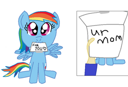 Size: 668x458 | Tagged: safe, artist:nightshadowmlp, derpibooru import, edit, rainbow dash, human, pegasus, pony, :3, cute, dash's note meme, dashabetes, digital art, exploitable meme, female, filly, filly rainbow dash, hand, meme, mouth hold, note, paper, smiling, text, ur mom, younger