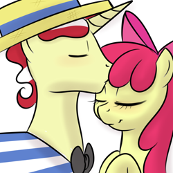 Size: 850x850 | Tagged: dead source, safe, artist:kloudmutt, apple bloom, flim, bowtie, clothes, eyes closed, female, flimbloom, forehead kiss, kissing, male, shipping, shirt, straight