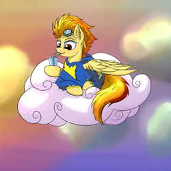 Size: 1024x1024 | Tagged: safe, artist:setonlr, derpibooru import, spitfire, cloud, ear fluff, food, juice, prone, relaxing, solo, wonderbolts uniform