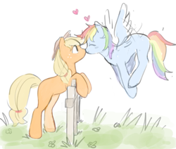 Size: 871x738 | Tagged: safe, artist:serafelis, derpibooru import, applejack, rainbow dash, earth pony, pegasus, pony, appledash, bipedal, bipedal leaning, boop, cowboy hat, cute, dashabetes, eyes closed, female, fence, flying, hat, heart, jackabetes, leaning, lesbian, mare, missing cutie mark, noseboop, shipping, smiling