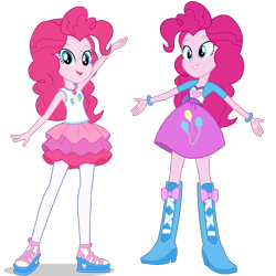 Size: 1475x1475 | Tagged: safe, artist:mewtwo-ex, derpibooru import, pinkie pie, better together, equestria girls, boots, clothes, comparison, cute, equestria girls prototype, female, geode of sugar bombs, leggings, long hair, pantyhose, sandals, shoes, simple background, skirt, transparent background, vector, wristband