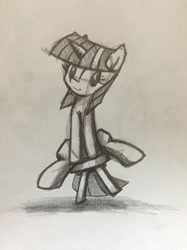 Size: 581x778 | Tagged: artist needed, safe, derpibooru import, twilight sparkle, unicorn, cute, female, grayscale, horn, monochrome, pencil drawing, rocking, sitting, smiling, solo, stool, traditional art