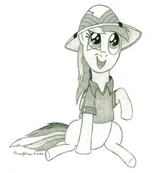 Size: 900x953 | Tagged: safe, artist:peruserofpieces, derpibooru import, daring do, rainbow dash, pegasus, pony, clothes, cosplay, costume, cute, dashabetes, female, folded wings, hat, mare, newbie artist training grounds, pencil drawing, raised hoof, safari hat, shirt, simple background, smiling, solo, traditional art, wings
