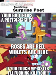 Size: 1280x1730 | Tagged: safe, derpibooru import, edit, edited screencap, screencap, garble, rainbow dash, smolder, spike, dragon, pegasus, pony, molt down, shadow play, sweet and smoky, caption, dragoness, female, hilarious in hindsight, image macro, italian, male, poem, poet, poetry, stone scales, text, vulgar