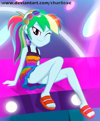 Size: 594x720 | Tagged: safe, alternate version, artist:charliexe, derpibooru import, rainbow dash, better together, equestria girls, spring breakdown, adorasexy, alternate hairstyle, ass, butt, clothes, cute, dashabetes, feet, female, legs, looking at you, one eye closed, partial nudity, ponytail, rainbutt dash, sandals, schrödinger's pantsu, sexy, sitting, sleeveless, solo, thighs, wink