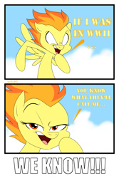 Size: 1200x1800 | Tagged: safe, artist:mofetafrombrooklyn, derpibooru import, spitfire, comic, pun, solo, song reference, spitfire (song), the prodigy