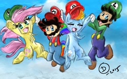 Size: 1133x705 | Tagged: safe, artist:superdashiebros, derpibooru import, fluttershy, rainbow dash, pegasus, pony, cap, crossover, female, hat, luigi, luigi's hat, male, mario, mario & luigi, mario's hat, marishy, super mario bros.