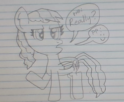 Size: 471x386 | Tagged: safe, artist:nightshadowmlp, derpibooru import, evil pie hater dash, pinkie pie, rainbow dash, earth pony, pony, secrets and pies, dialogue, fusion, fusion:pinkiehater, lined paper, traditional art