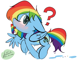 Size: 882x694 | Tagged: safe, artist:lofis, derpibooru import, rainbow dash, oc, oc:mint chocolate, pegasus, pony, blushing, cute, cutie mark, disguise, dripping, feather fingers, female, food, licking, mare, paint, popsicle, question mark, solo, tongue out, wing hands, wing hold, wings