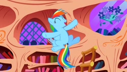 Size: 1280x720 | Tagged: safe, derpibooru import, screencap, rainbow dash, pegasus, pony, the ticket master, golden oaks library