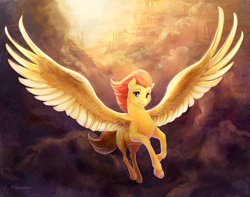 Size: 2000x1572 | Tagged: safe, artist:viwrastupr, derpibooru import, spitfire, cloud, cloudsdale, flying, large wings, looking at you, solo, spread wings