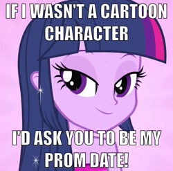 Size: 940x930 | Tagged: safe, derpibooru import, twilight sparkle, equestria girls, bedroom eyes, bronybait, date, fourth wall, image macro, meme, prom, solo