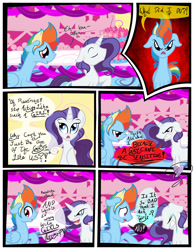 Size: 3500x4500 | Tagged: safe, artist:becauseimpink, derpibooru import, elusive, rainbow blitz, rainbow dash, rarity, pegasus, pony, unicorn, comic:transition, angry, comic, crying, dialogue, exclamation point, eyes closed, floppy ears, interrobang, male, question mark, rule 63, sad, stallion, transgender