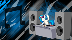 Size: 2560x1440 | Tagged: safe, artist:huskyfan, artist:m99moron, derpibooru import, edit, dj pon-3, vinyl scratch, pony, unicorn, abstract background, cutie mark, eyes closed, female, glasses, mare, music notes, solo, sunglasses, turntable, vector, wallpaper, wallpaper edit