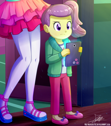 Size: 1020x1160 | Tagged: safe, artist:the-butch-x, derpibooru import, lily pad (equestria girls), pinkie pie, better together, equestria girls, pinkie sitting, babysitting, child, clothes, cute, female, head out of frame, ipad, legs, pants, pantyhose, sandals, shirt, shoes, skirt, tablet, young