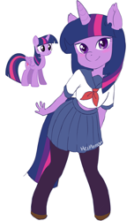 Size: 1118x1839 | Tagged: safe, artist:mezmaroon, derpibooru import, twilight sparkle, twilight sparkle (alicorn), alicorn, anthro, unguligrade anthro, clothes, cute, female, mare, midriff, moe, pantyhose, pleated skirt, school uniform, skirt