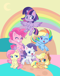 Size: 1428x1804 | Tagged: safe, artist:mofumofutchi, derpibooru import, applejack, fluttershy, pinkie pie, rainbow dash, rarity, twilight sparkle, twilight sparkle (alicorn), alicorn, earth pony, pegasus, pony, unicorn, my little pony: pony life, applejack's hat, blushing, chibi, colored hooves, cowboy hat, cutie mark, female, flying, hat, looking at you, mane six, mare, one eye closed, rainbow, smiling, unshorn fetlocks, wink