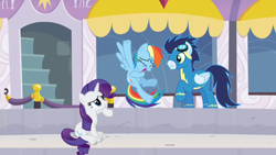 Size: 1920x1080 | Tagged: safe, derpibooru import, screencap, rainbow dash, rarity, soarin', pegasus, pony, unicorn, rarity investigates, clothes, laughing, raised hoof, sitting, uniform, wonderbolts uniform