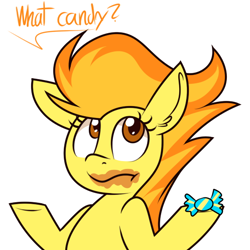 Size: 540x540 | Tagged: safe, artist:php92, derpibooru import, spitfire, :t, ask spitfire the wonderbolt, candy, cute, cutefire, food, frown, hoof hold, shrug, solo