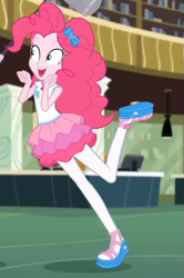 Size: 405x609 | Tagged: safe, derpibooru import, screencap, pinkie pie, best trends forever, best trends forever: pinkie pie, better together, equestria girls, clothes, cute, diapinkes, female, geode of sugar bombs, pantyhose, raised leg, sandals, shoes, skirt, solo