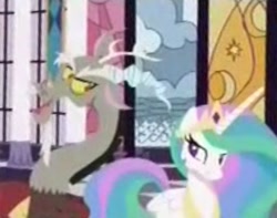 Size: 517x408 | Tagged: safe, screencap, discord, princess celestia, alicorn, pony, celestial advice, cropped, female, mare